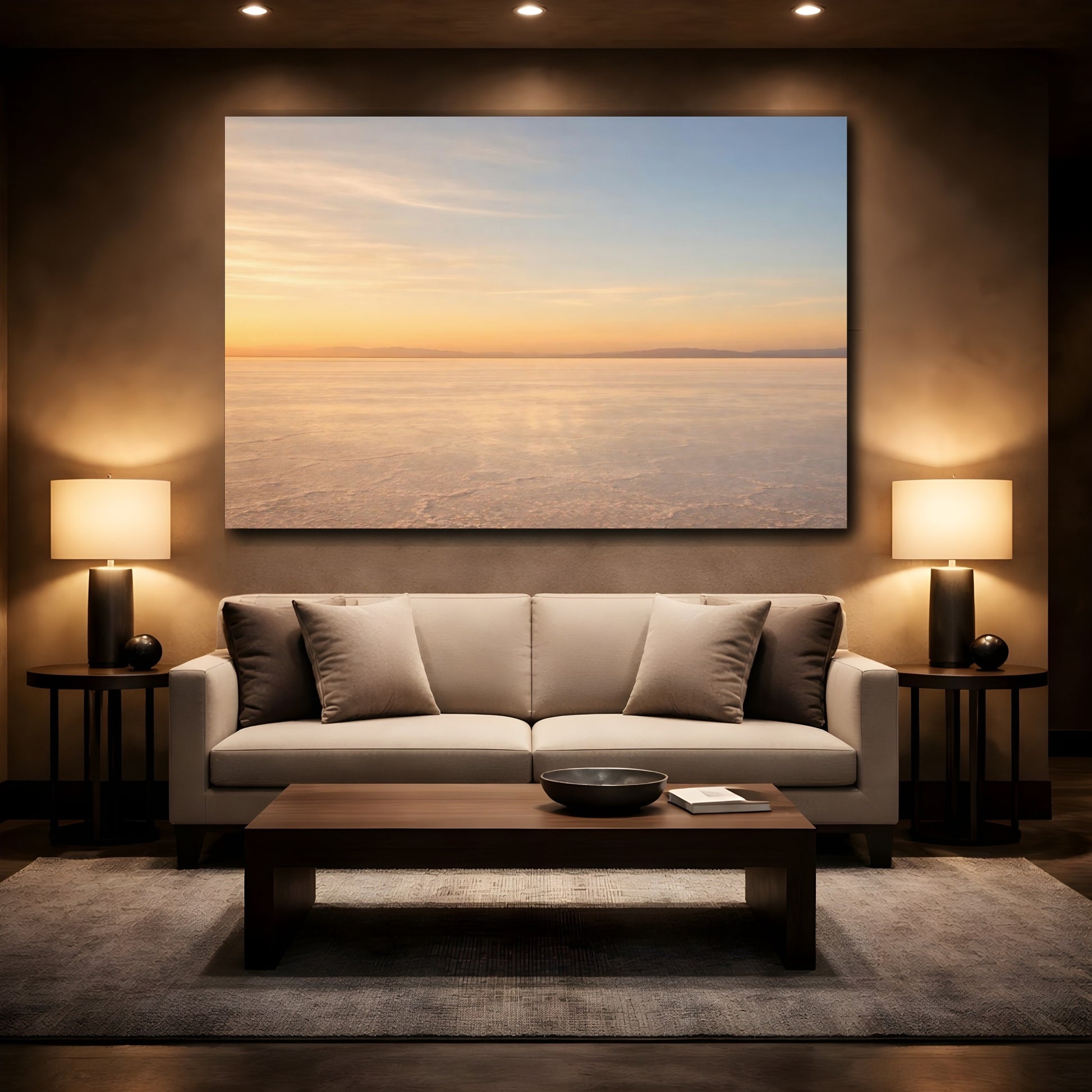 Mockup 3. Nature Salt Flat Orange Blue Landscape shown as stretched canvas wall art