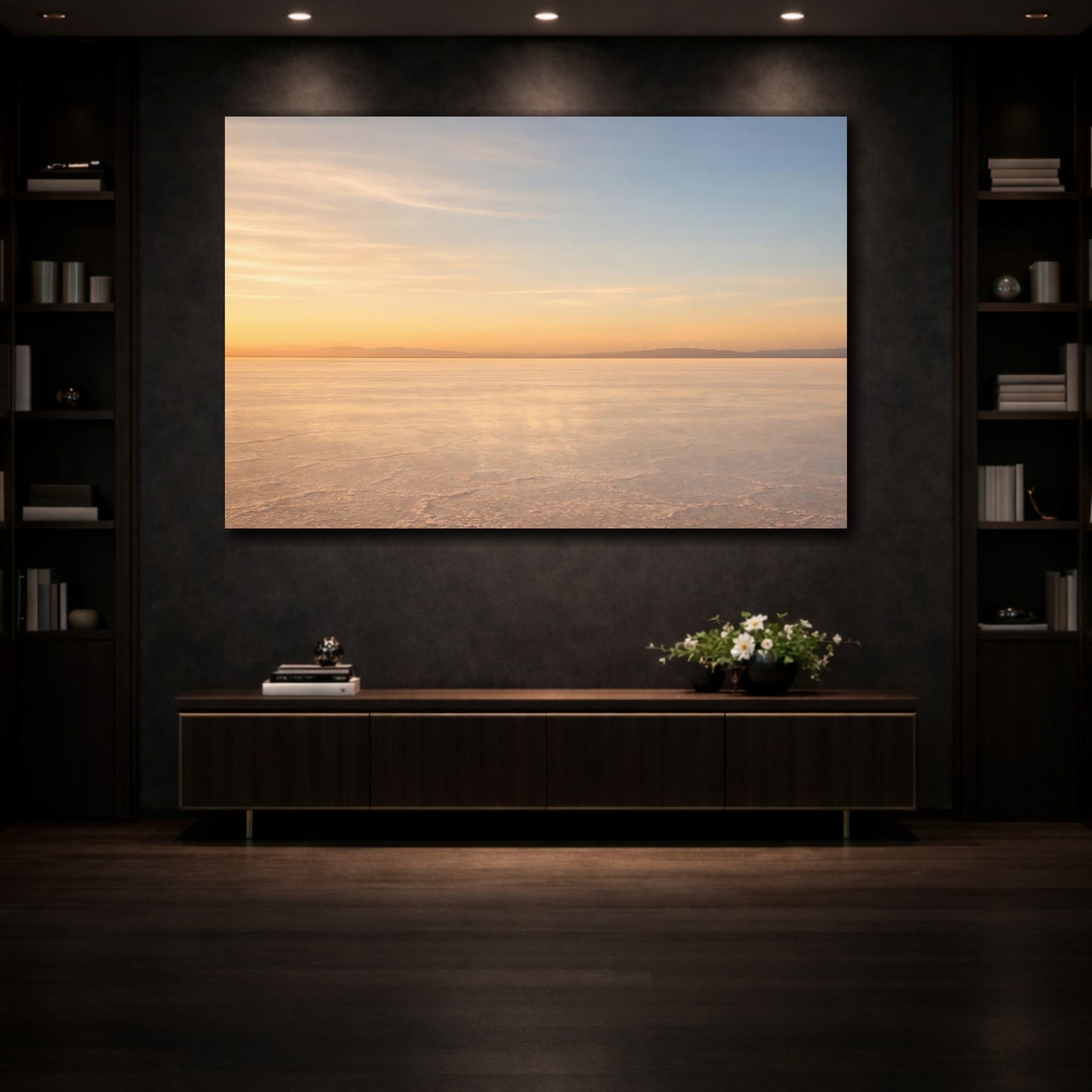 Mockup 4. Nature Salt Flat Orange Blue Landscape shown as stretched canvas wall art