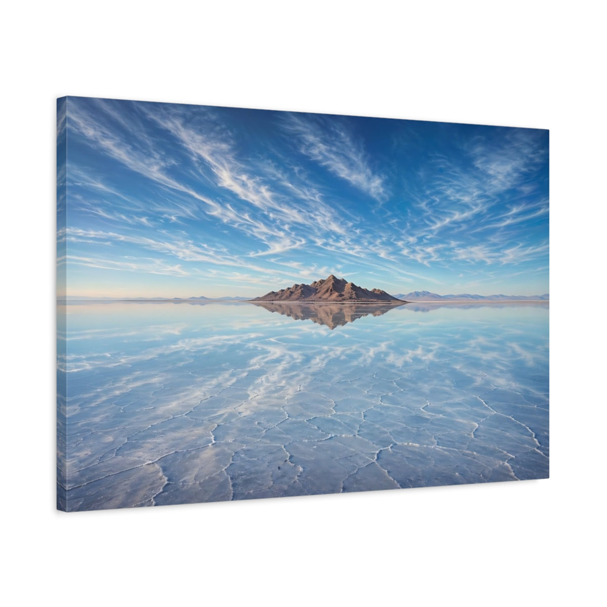 Side Mockup 2. Nature Salt Flats Blue Landscape shown as stretched canvas wall art