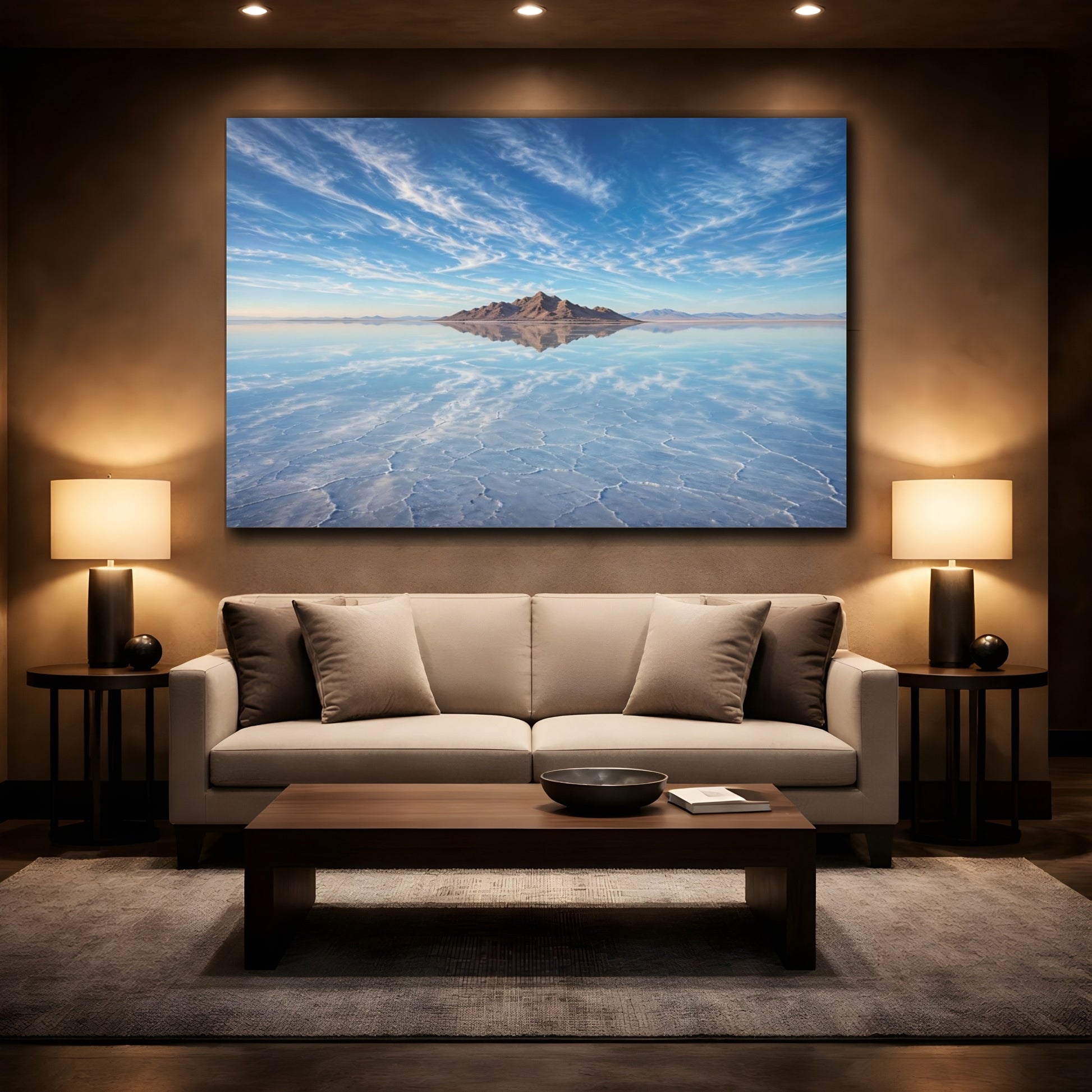 Mockup 2. Nature Salt Flats Blue Landscape shown as stretched canvas wall art