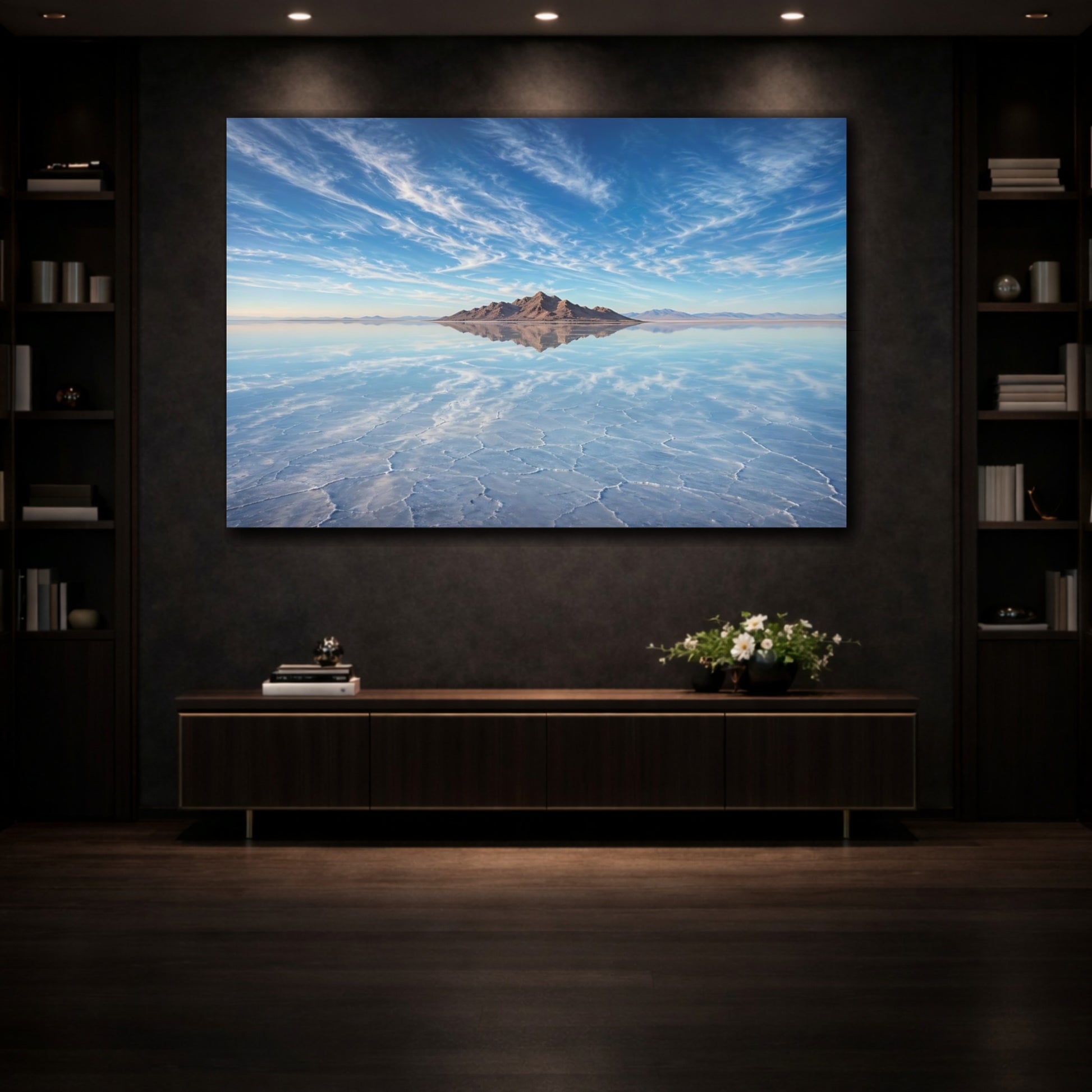 Mockup 3. Nature Salt Flats Blue Landscape shown as stretched canvas wall art