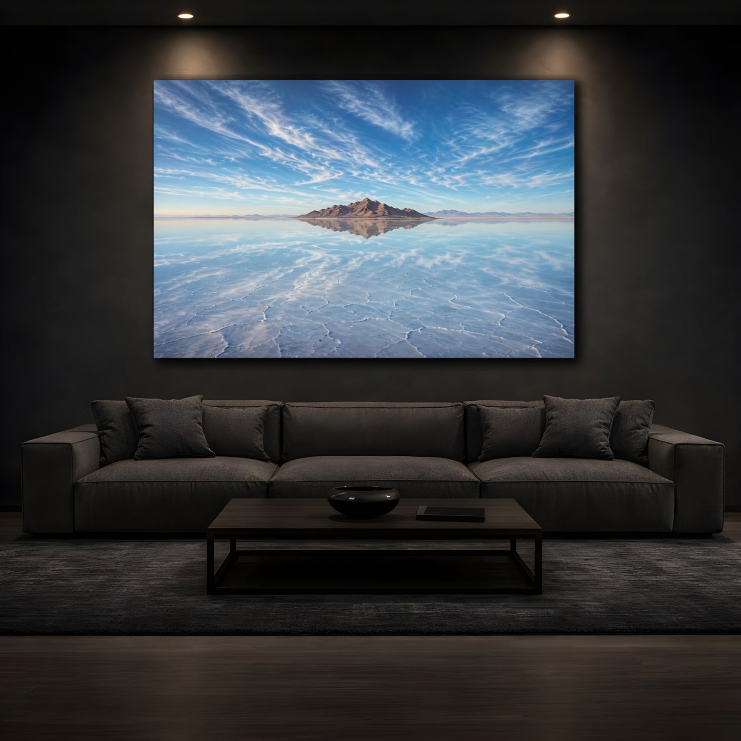 Mockup 4. Nature Salt Flats Blue Landscape shown as stretched canvas wall art