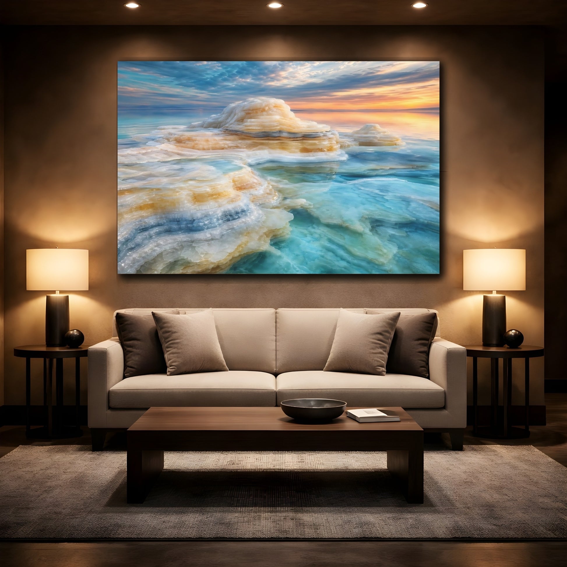 Mockup 2. Nature Salt Formations Blue Orange Salt shown as stretched canvas wall art