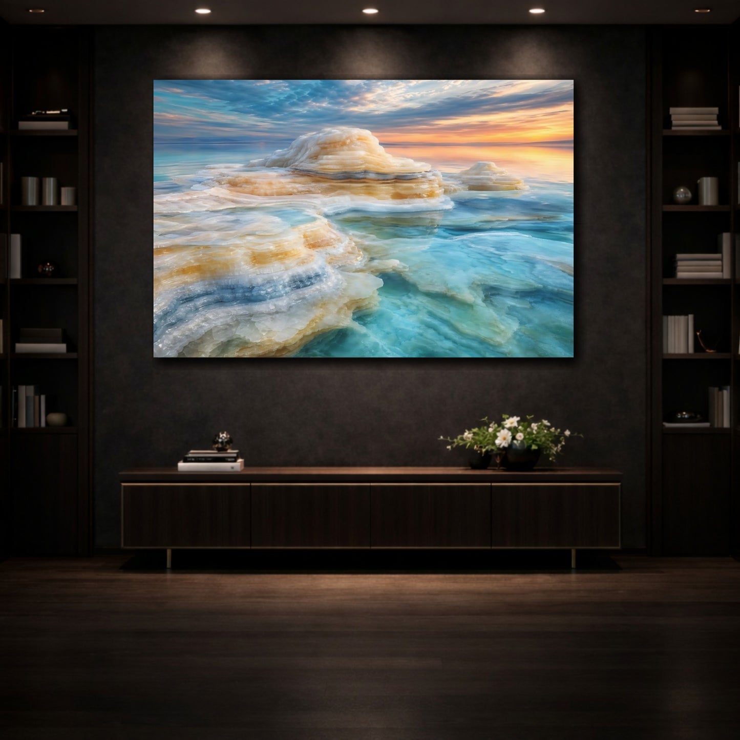 Mockup 3. Nature Salt Formations Blue Orange Salt shown as stretched canvas wall art