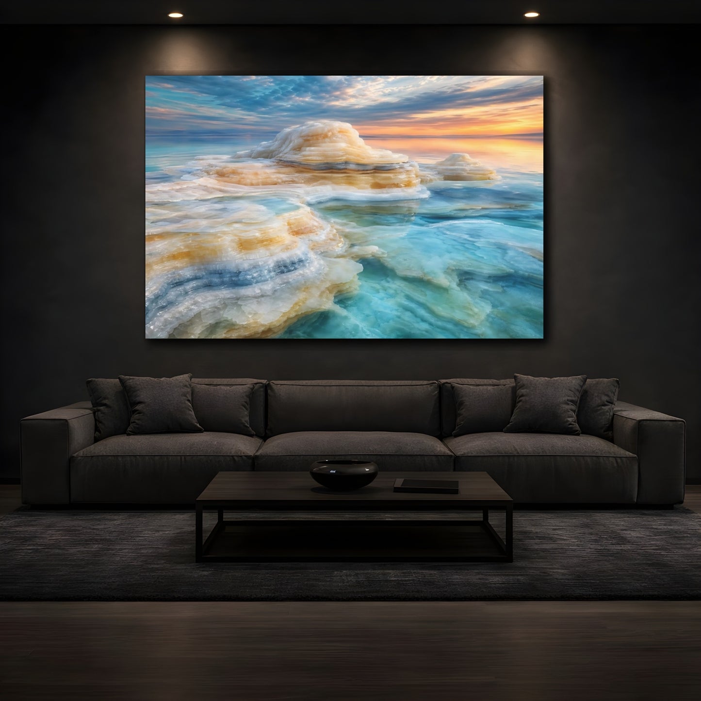 Mockup 4. Nature Salt Formations Blue Orange Salt shown as stretched canvas wall art