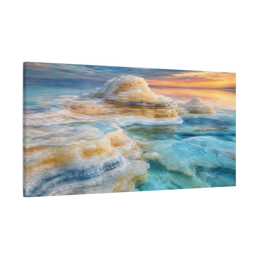 Main Mockup. Nature Salt Formations Turquoise And Orange shown as stretched canvas wall art