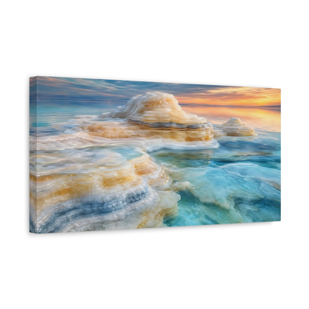 Side Mockup 3. Nature Salt Formations Turquoise And Orange shown as stretched canvas wall art