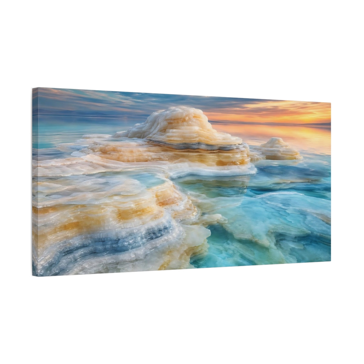 Side Mockup 1. Nature Salt Formations Turquoise And Orange shown as stretched canvas wall art