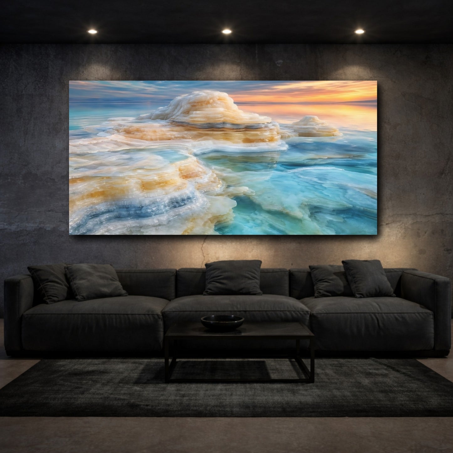 Mockup 2. Nature Salt Formations Turquoise And Orange shown as stretched canvas wall art