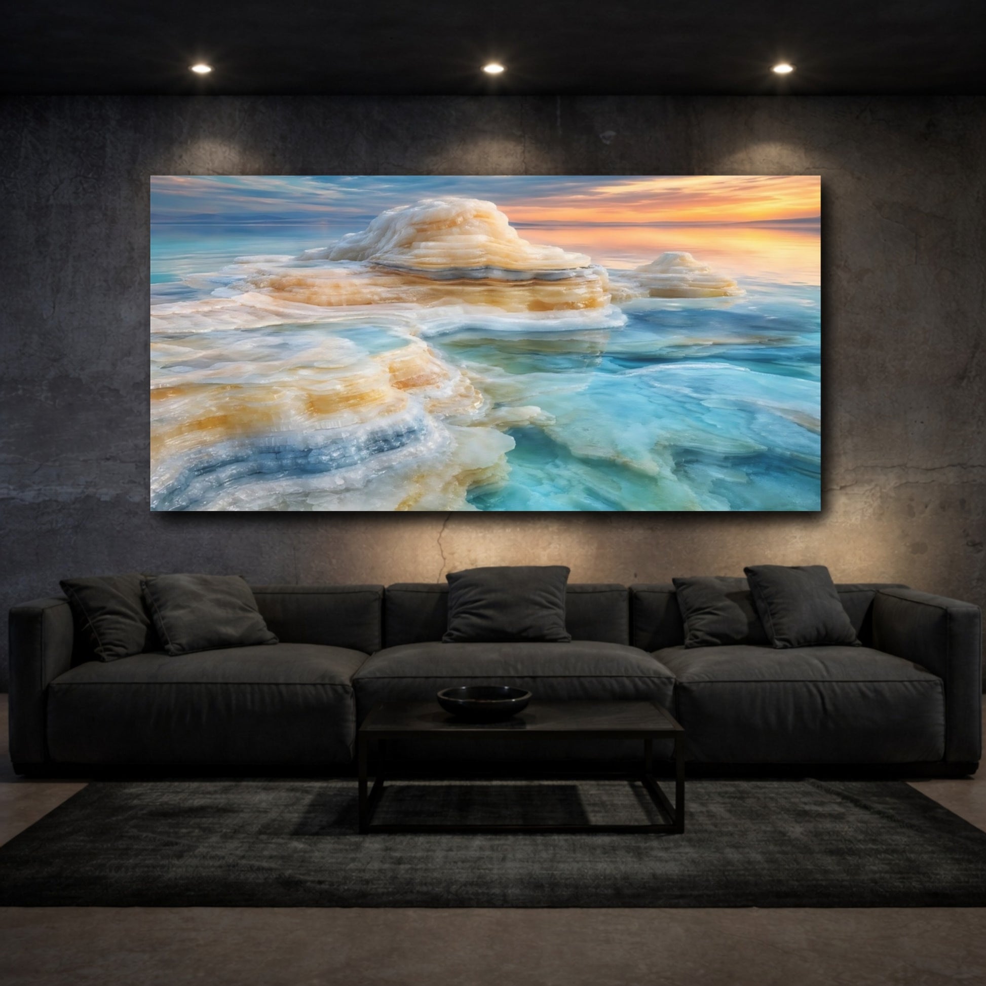 Mockup 2. Nature Salt Formations Turquoise And Orange shown as stretched canvas wall art