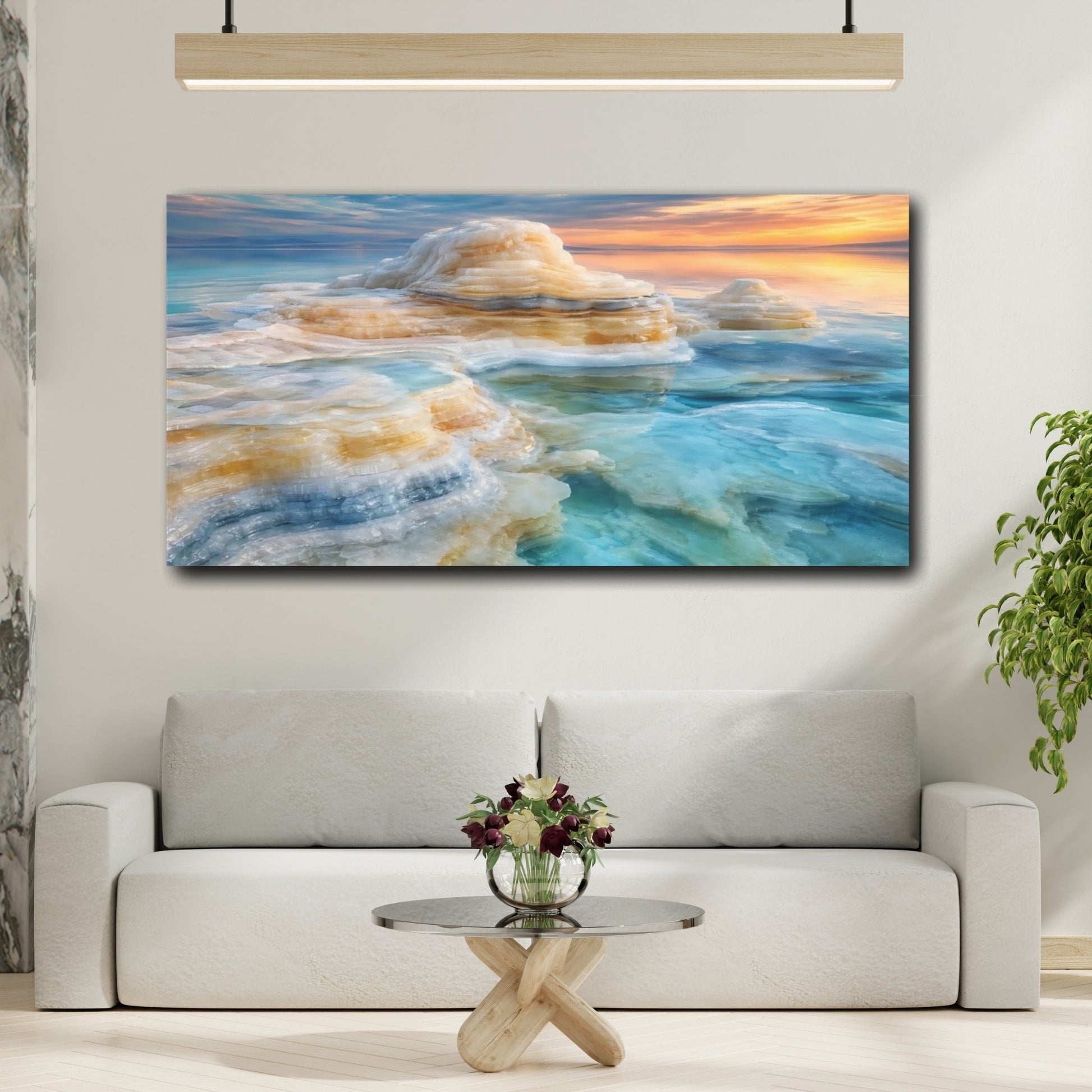 Mockup 3. Nature Salt Formations Turquoise And Orange shown as stretched canvas wall art