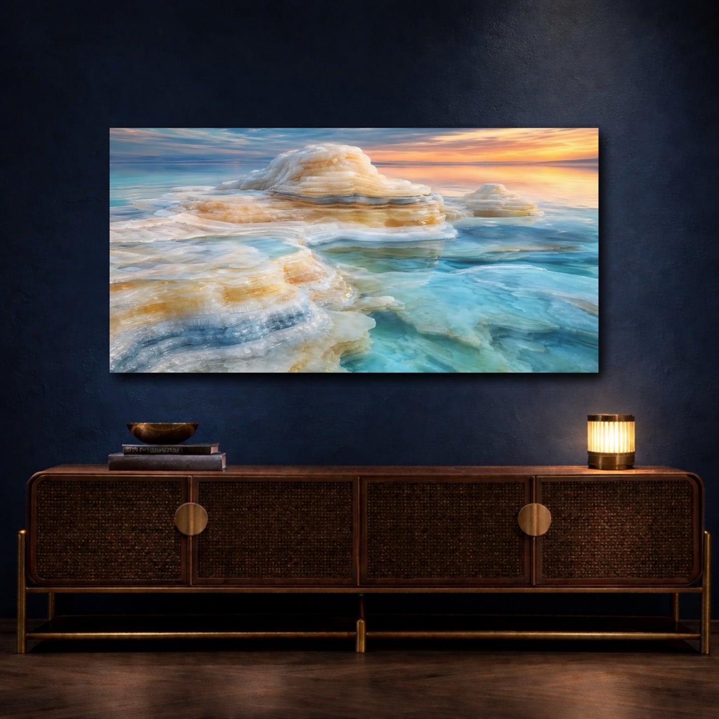 Mockup 4. Nature Salt Formations Turquoise And Orange shown as stretched canvas wall art
