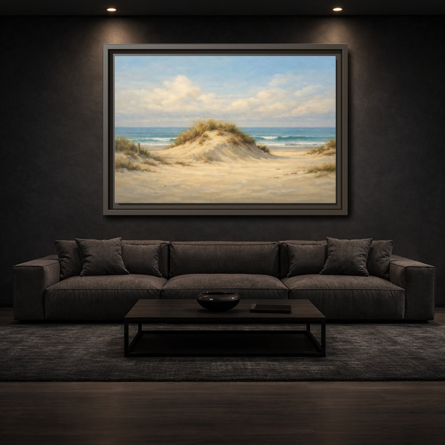 Mockup 2. Nature Sand Dune Blue And Sand shown as stretched canvas wall art