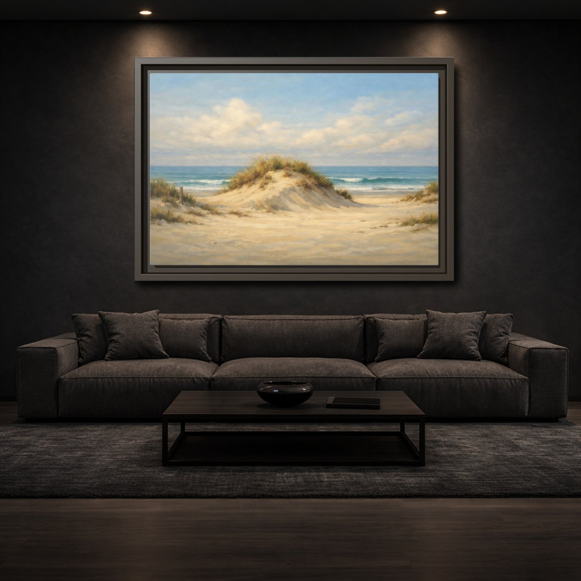 Mockup 2. Nature Sand Dune Blue And Sand shown as stretched canvas wall art