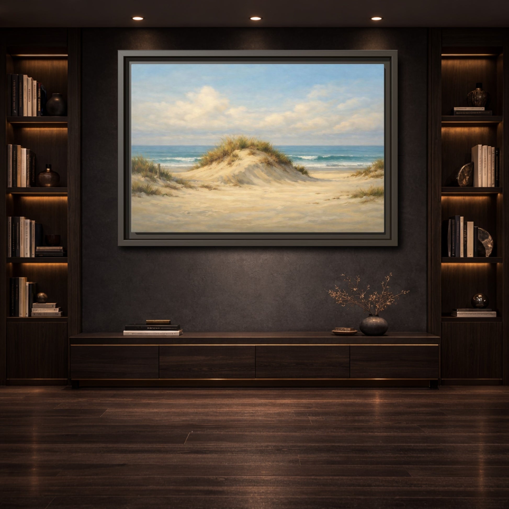 Mockup 3. Nature Sand Dune Blue And Sand shown as stretched canvas wall art