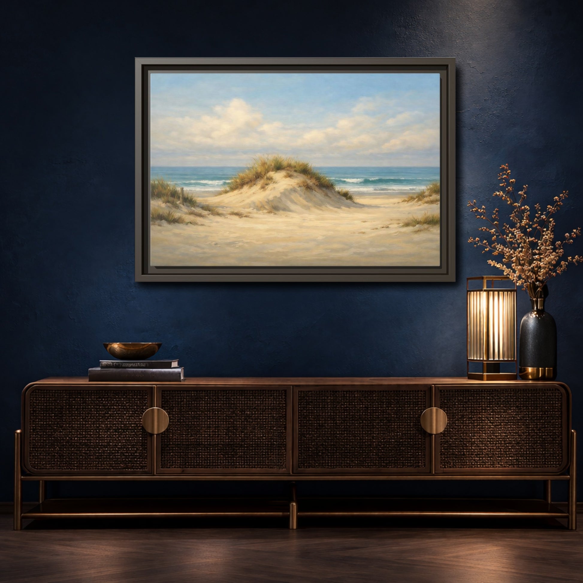 Mockup 4. Nature Sand Dune Blue And Sand shown as stretched canvas wall art