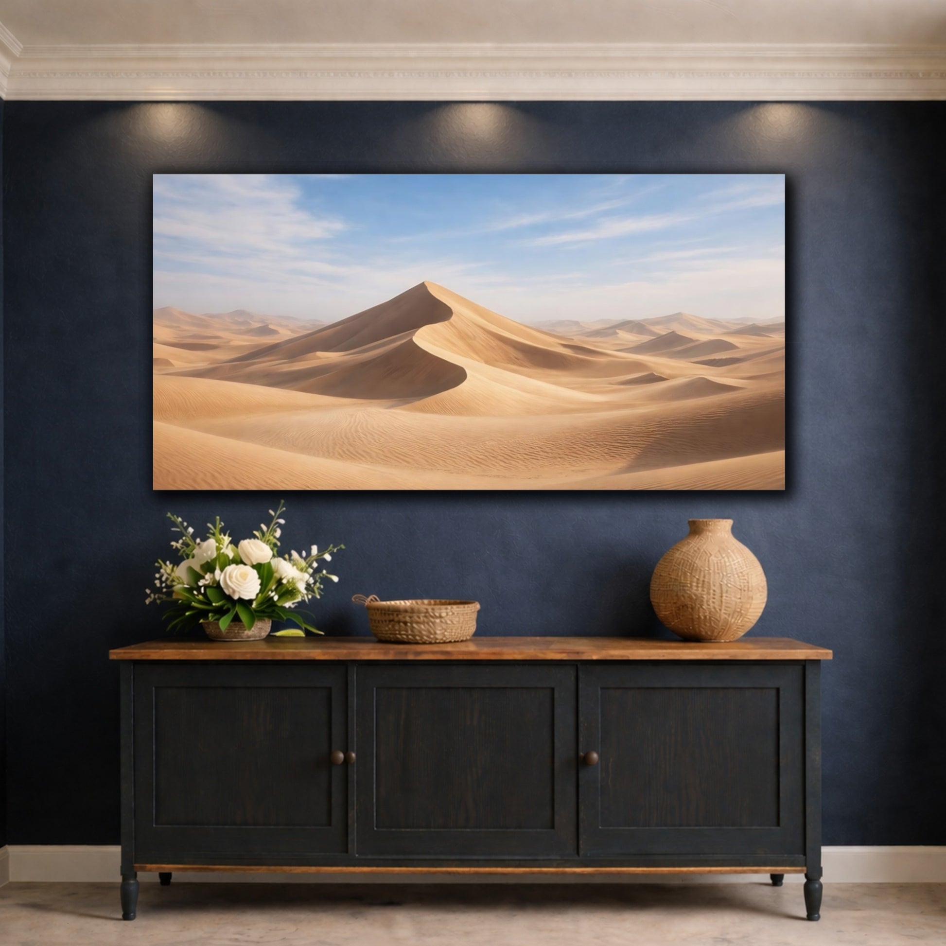 Mockup 4. Nature Sand Dunes Brown And Blue shown as stretched canvas wall art