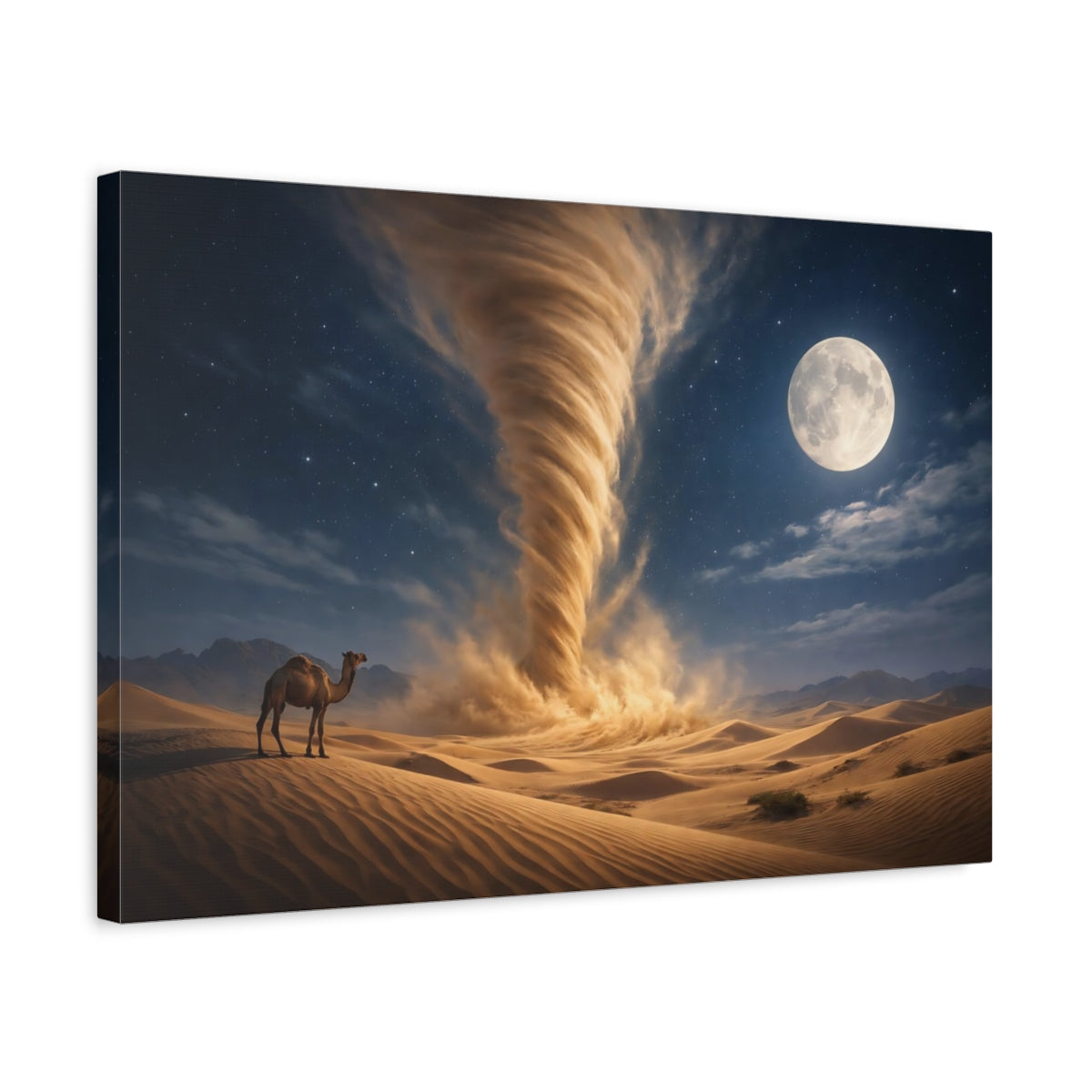 Side Mockup 3. Nature Sand Tornado Brown And Blue shown as stretched canvas wall art