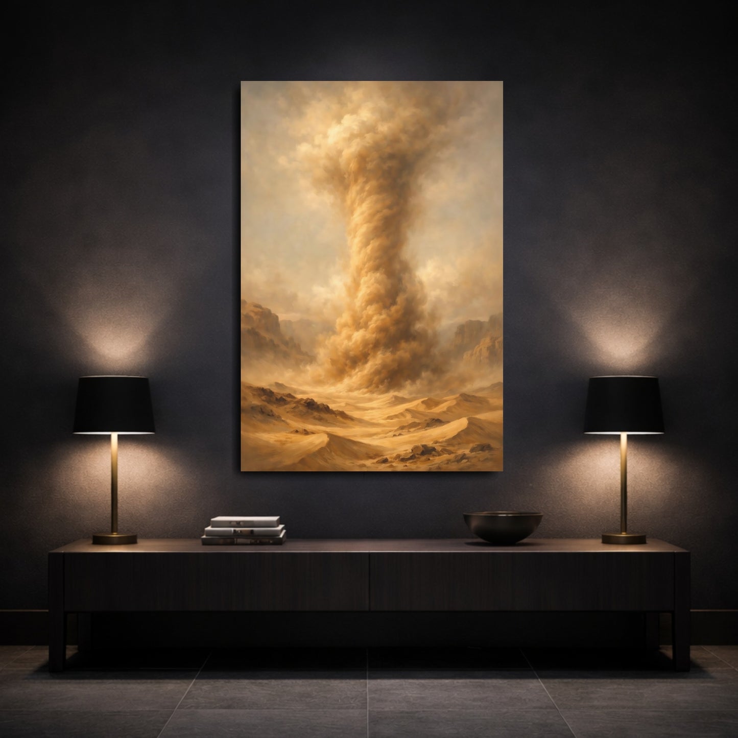 Mockup 2. Nature Sandstorm Brown Gold Landscape shown as stretched canvas wall art
