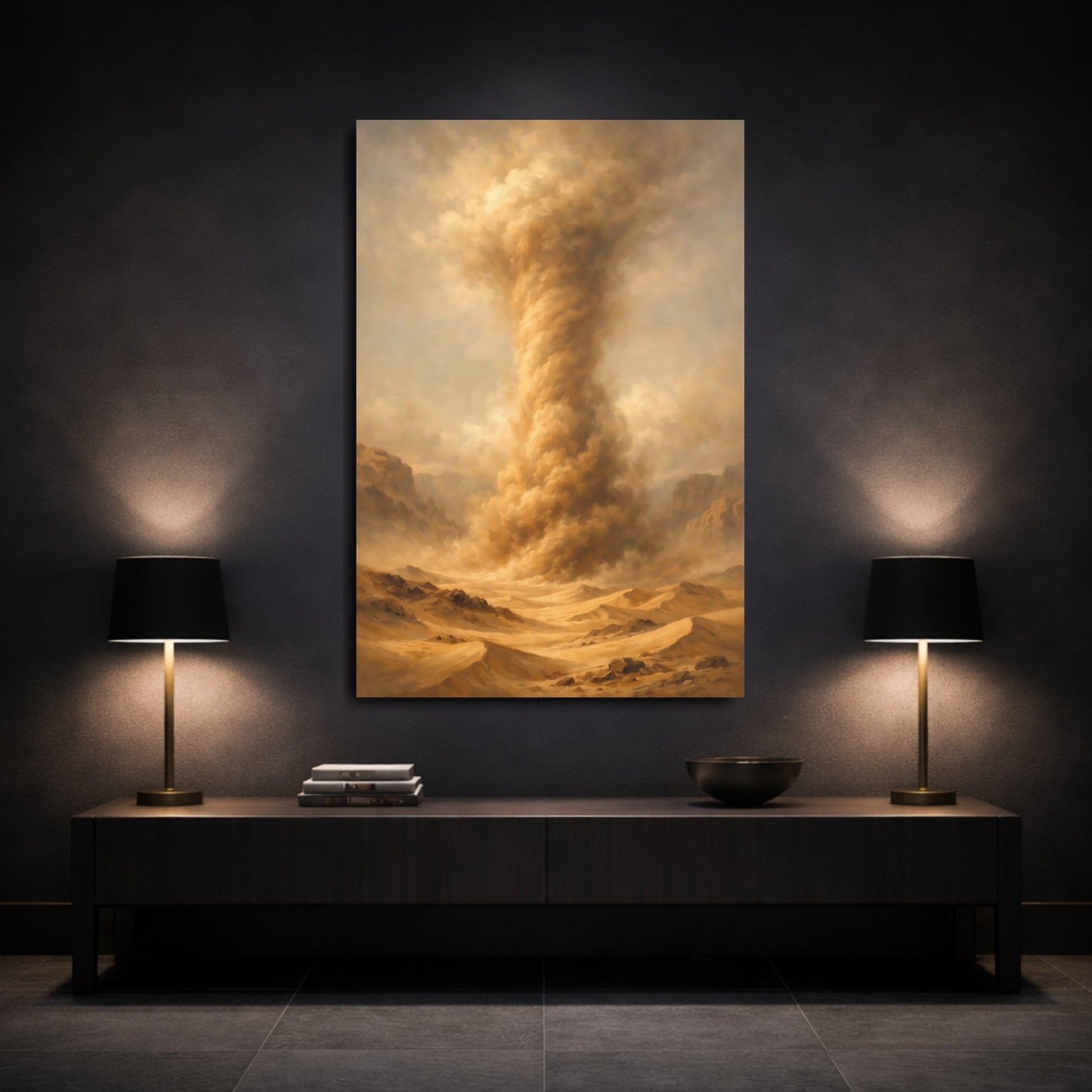 Mockup 2. Nature Sandstorm Brown Gold Landscape shown as stretched canvas wall art