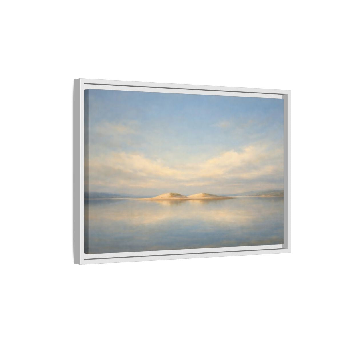 Side Mockup 1. Nature Sandy Islands Blue And Sand shown as stretched canvas wall art