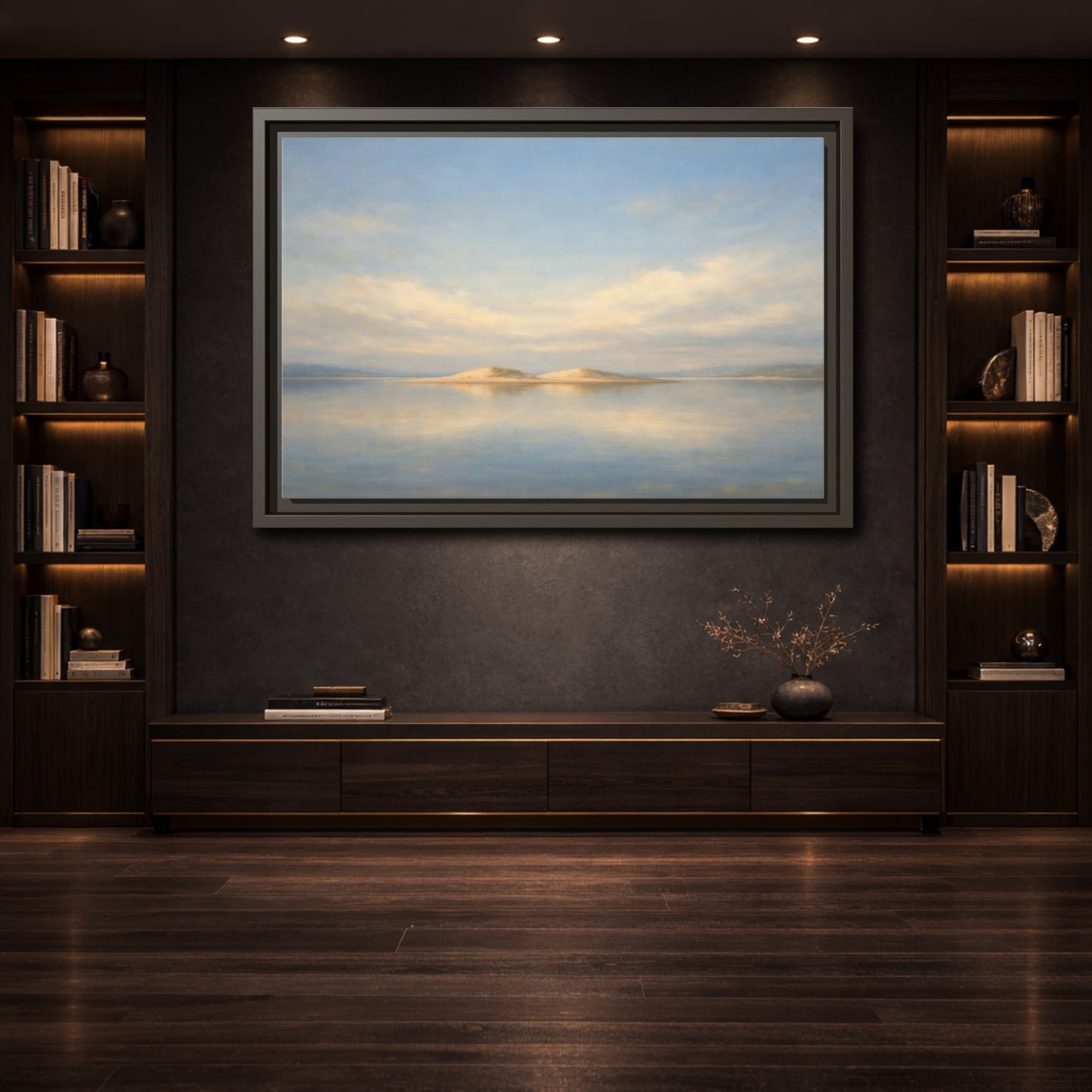 Mockup 3. Nature Sandy Islands Blue And Sand shown as stretched canvas wall art