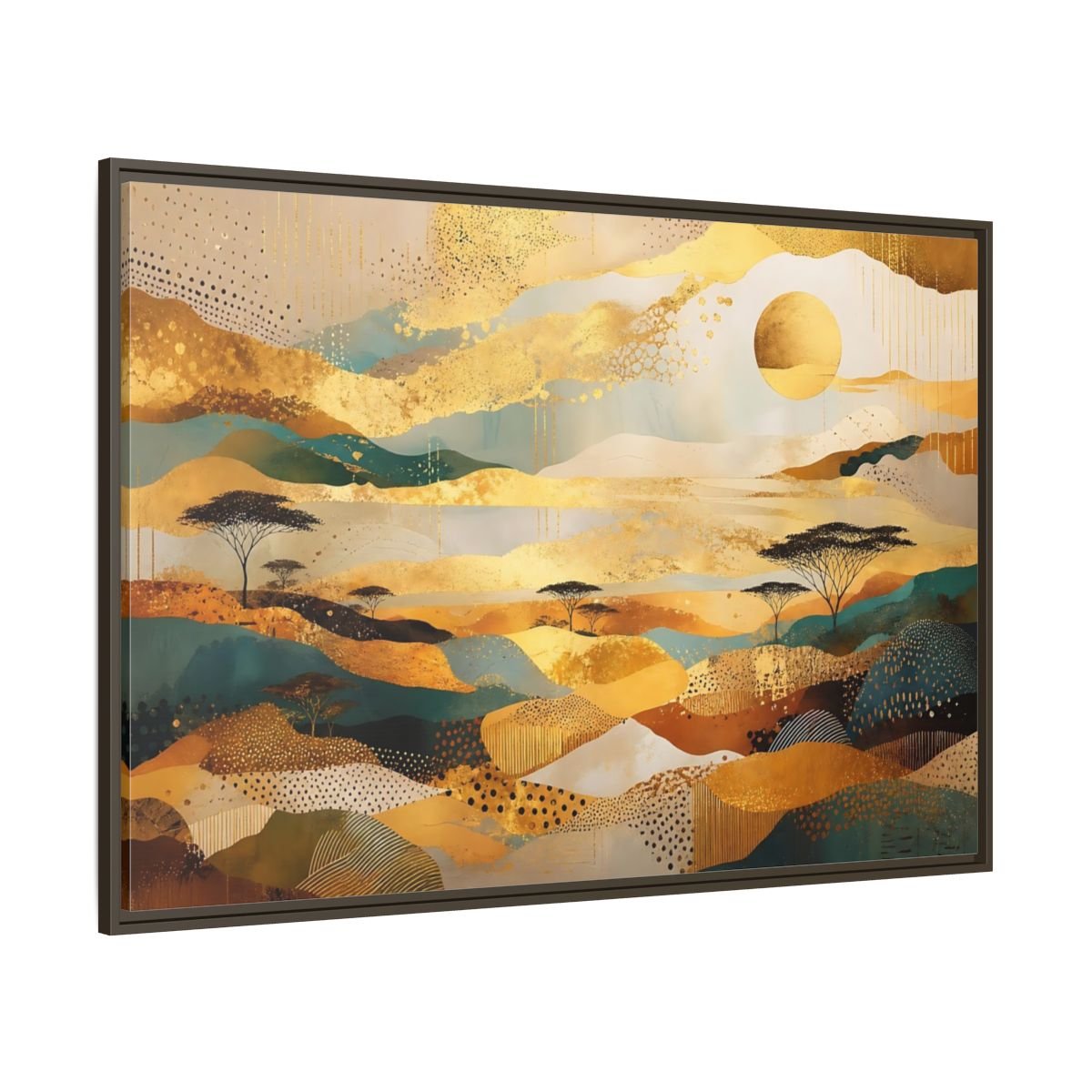 Nature Savanna Landscape Gold And Teal Framed Canvas Print – Abstract Living Room, Above Fireplace - YesArtYes
