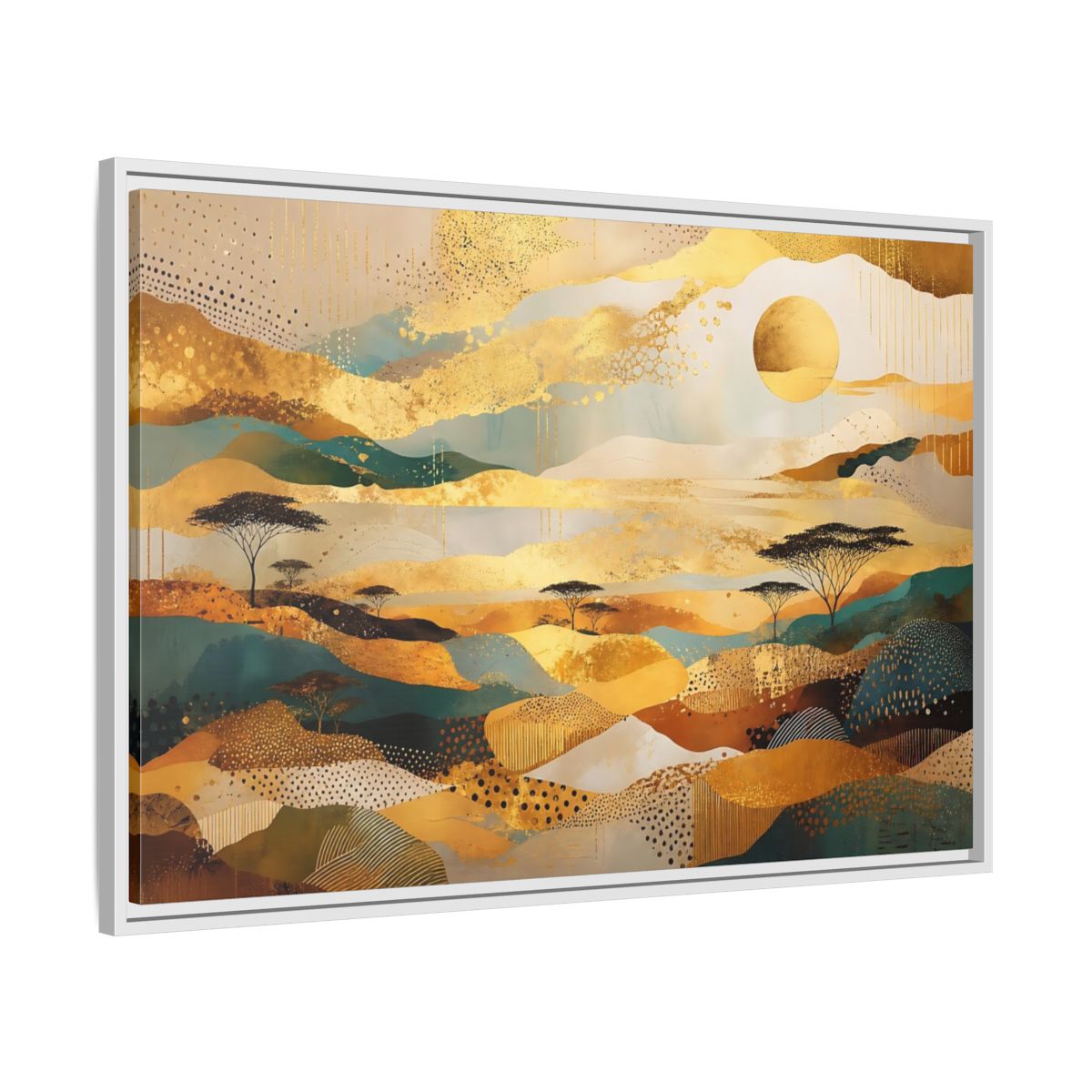 Nature Savanna Landscape Gold And Teal Framed Canvas Print – Abstract Living Room, Above Fireplace - YesArtYes