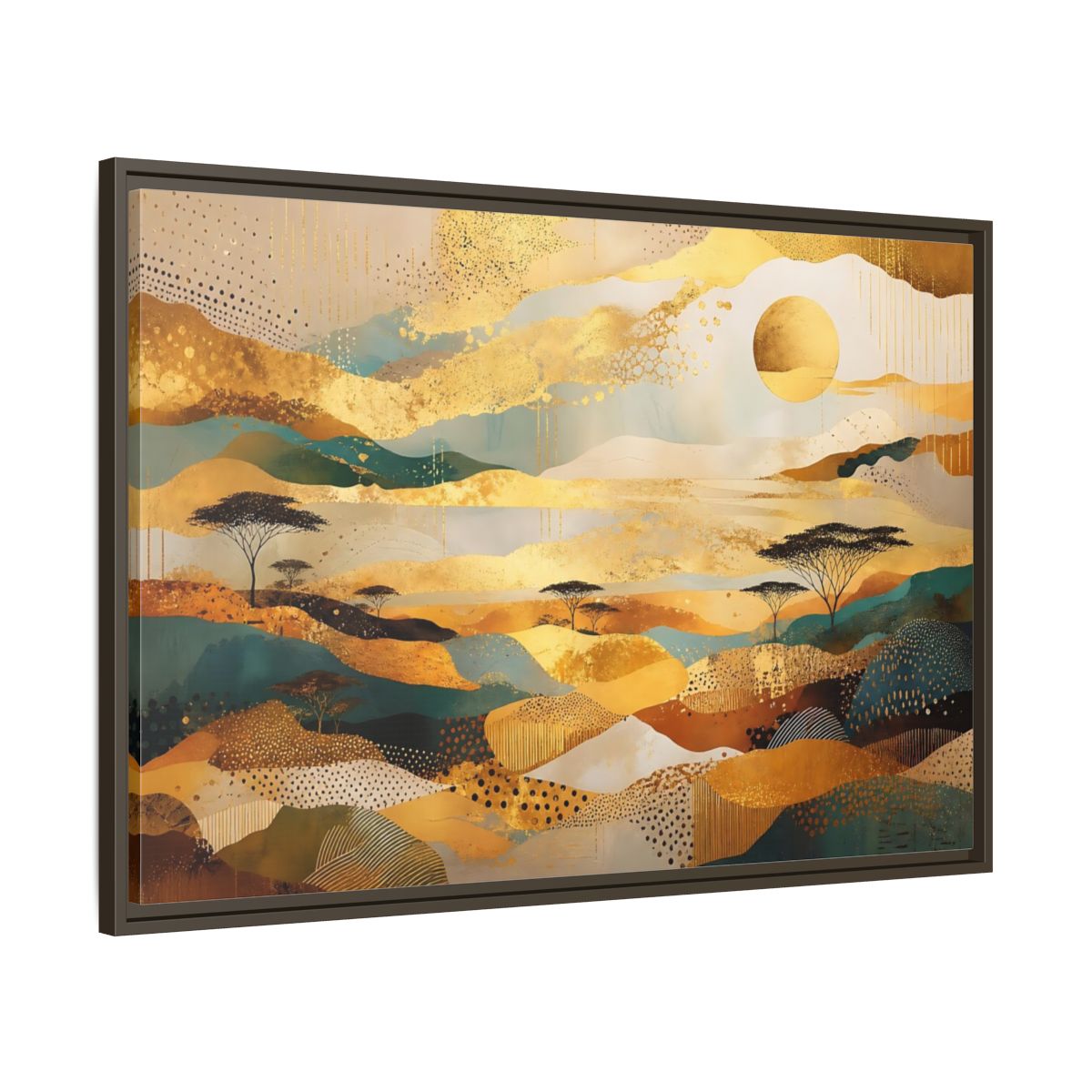 Nature Savanna Landscape Gold And Teal Framed Canvas Print – Abstract Living Room, Above Fireplace - YesArtYes