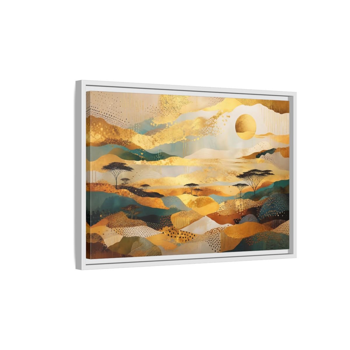 Nature Savanna Landscape Gold And Teal Framed Canvas Print – Abstract Living Room, Above Fireplace - YesArtYes