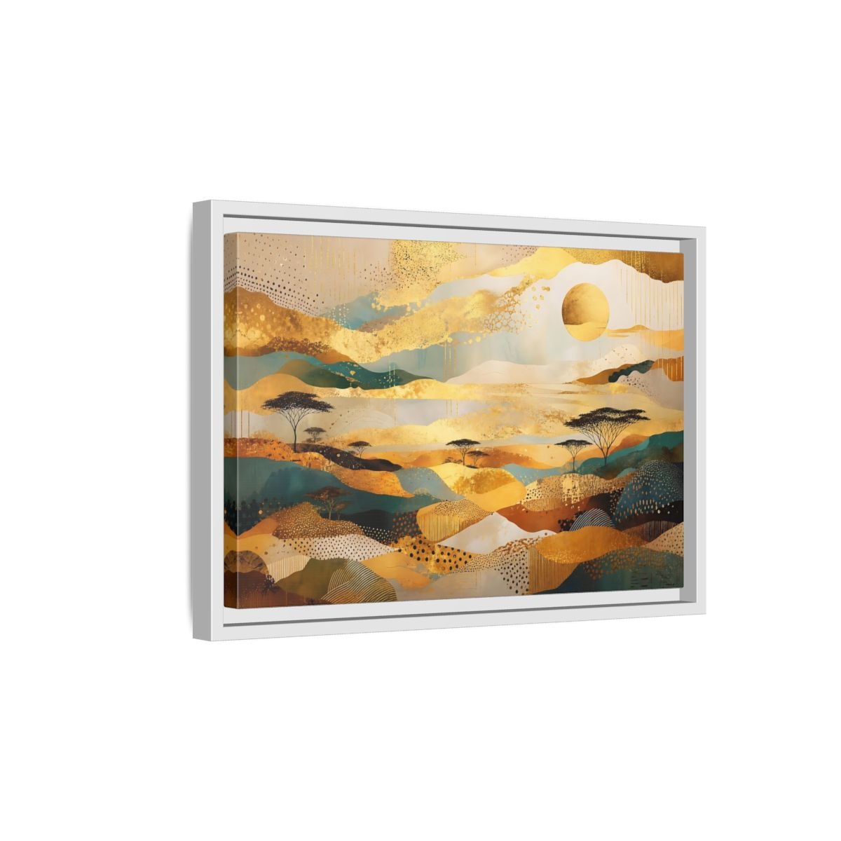 Nature Savanna Landscape Gold And Teal Framed Canvas Print – Abstract Living Room, Above Fireplace - YesArtYes