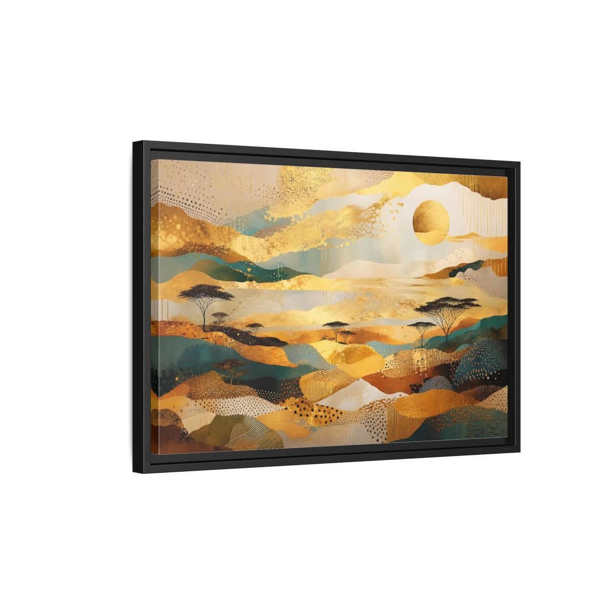 Nature Savanna Landscape Gold And Teal Framed Canvas Print – Abstract Living Room, Above Fireplace - YesArtYes