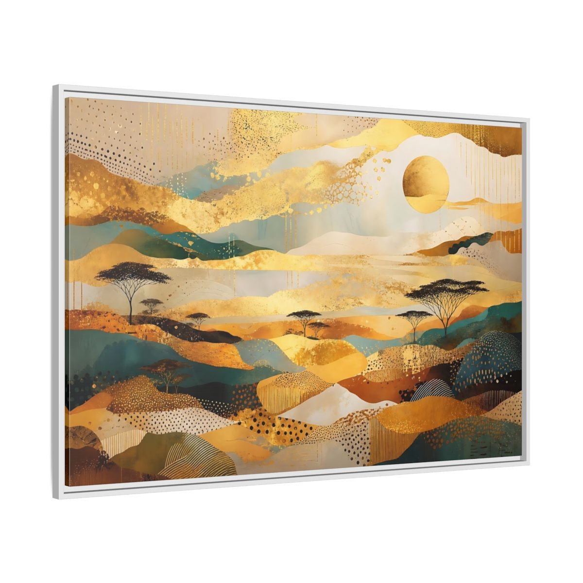 Nature Savanna Landscape Gold And Teal Framed Canvas Print – Abstract Living Room, Above Fireplace - YesArtYes