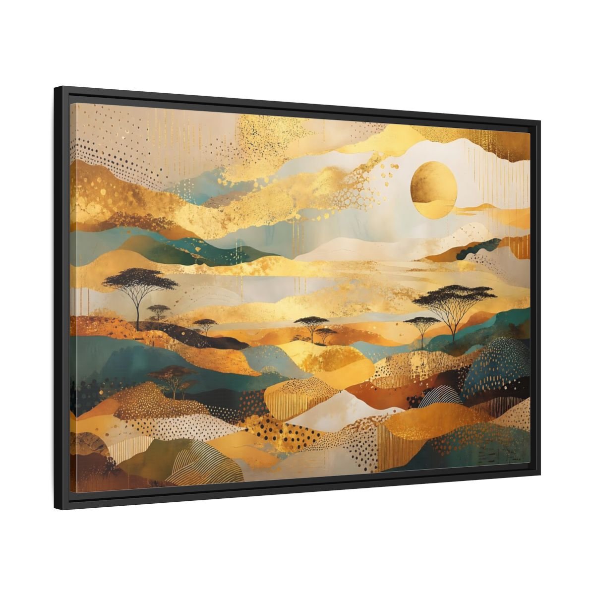 Nature Savanna Landscape Gold And Teal Framed Canvas Print – Abstract Living Room, Above Fireplace - YesArtYes