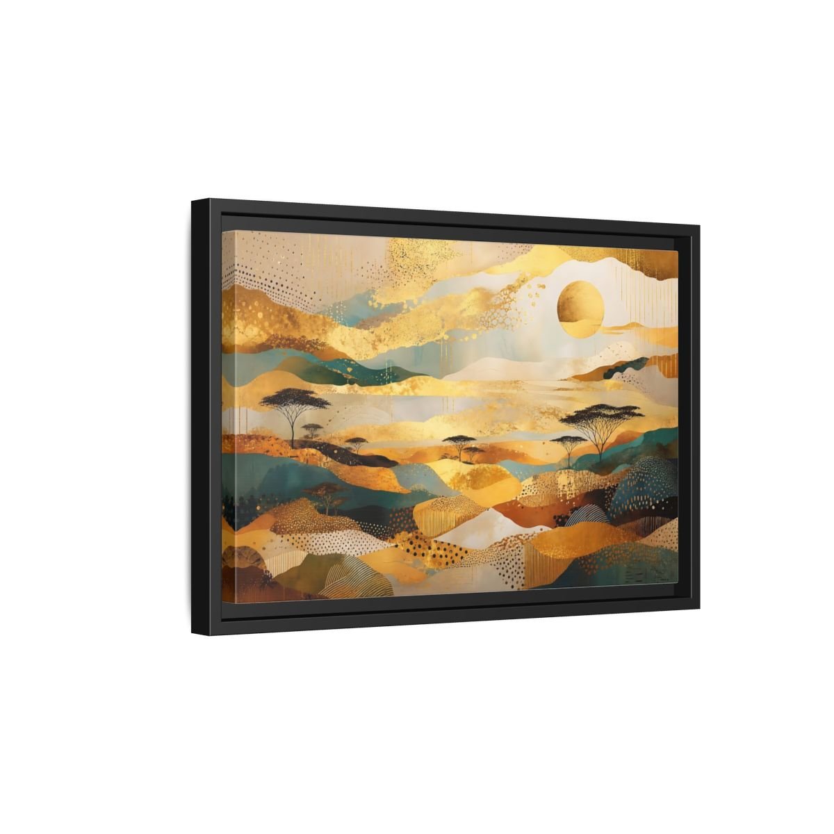 Nature Savanna Landscape Gold And Teal Framed Canvas Print – Abstract Living Room, Above Fireplace - YesArtYes