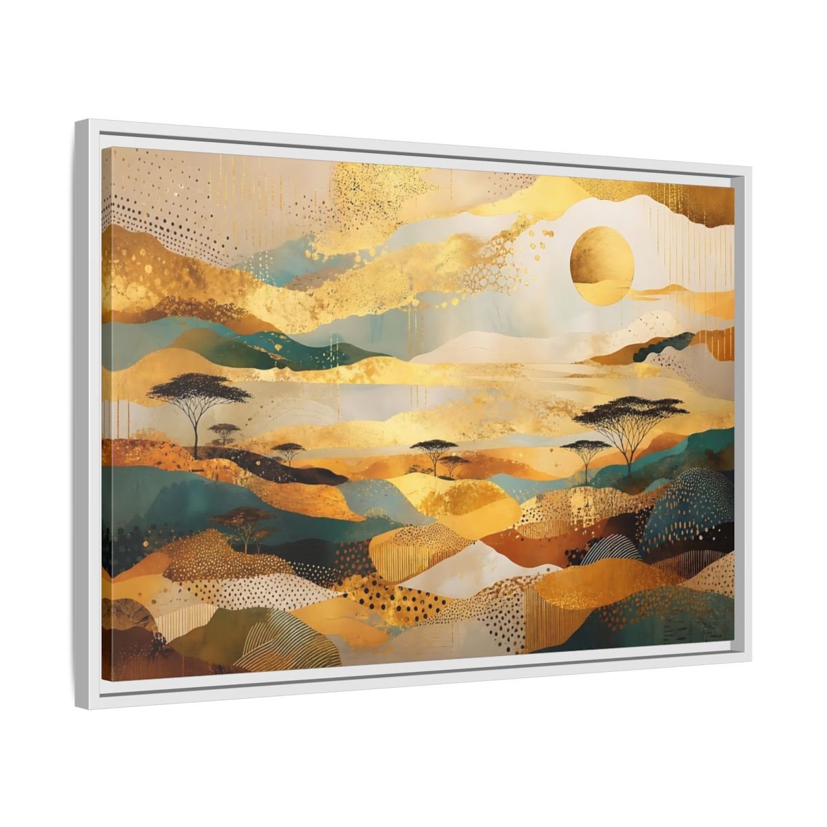 Nature Savanna Landscape Gold And Teal Framed Canvas Print – Abstract Living Room, Above Fireplace - YesArtYes