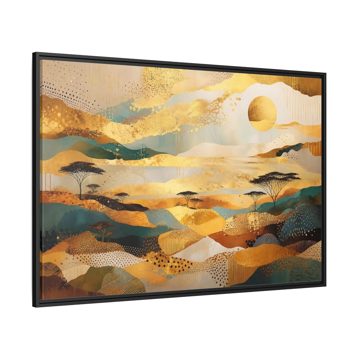 Nature Savanna Landscape Gold And Teal Framed Canvas Print – Abstract Living Room, Above Fireplace - YesArtYes