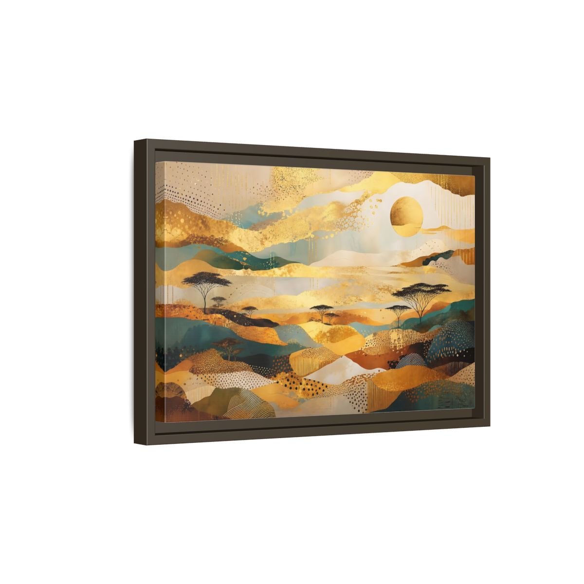 Nature Savanna Landscape Gold And Teal Framed Canvas Print – Abstract Living Room, Above Fireplace - YesArtYes