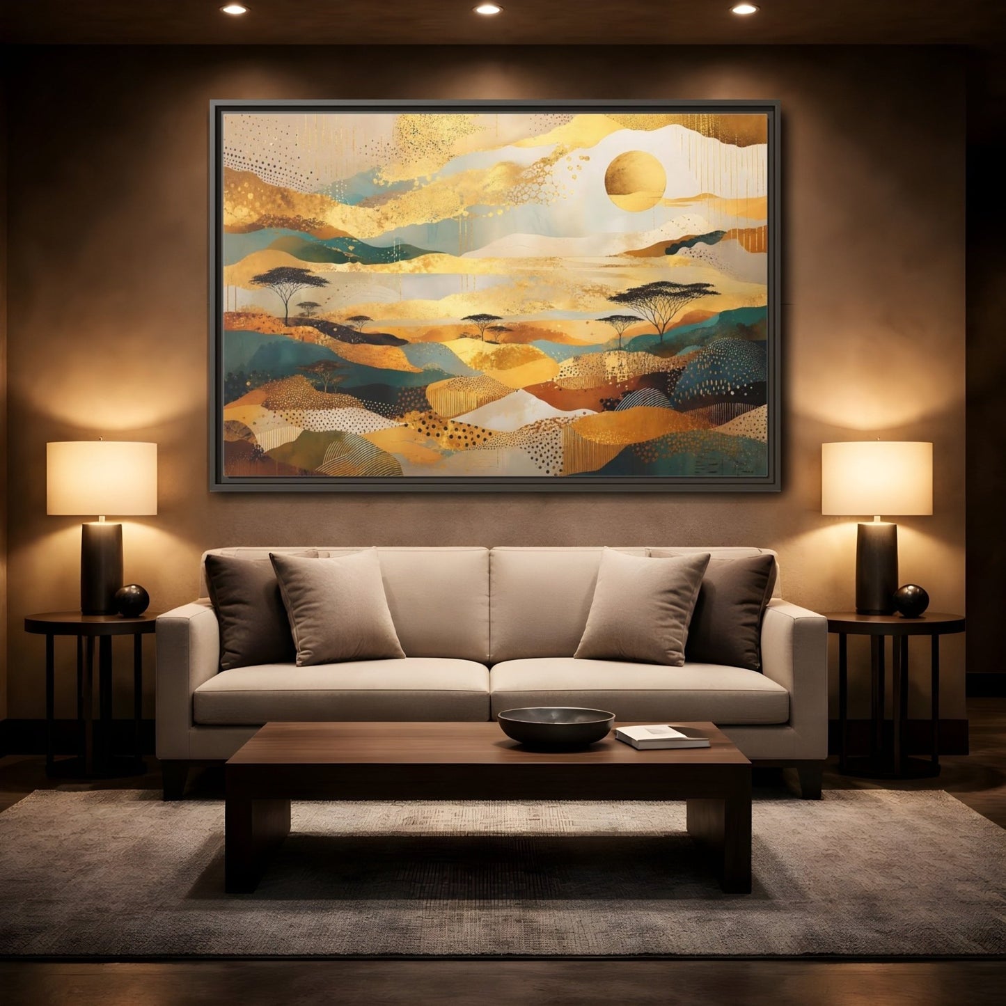 Nature Savanna Landscape Gold And Teal Framed Canvas Print – Abstract Living Room, Above Fireplace - YesArtYes