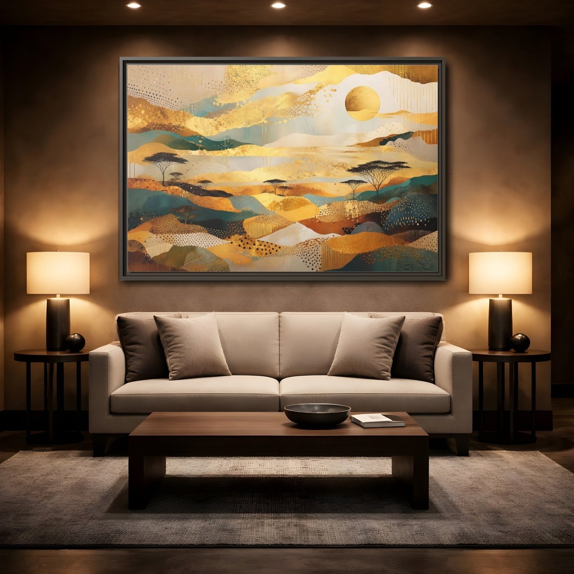 Nature Savanna Landscape Gold And Teal Framed Canvas Print – Abstract Living Room, Above Fireplace - YesArtYes