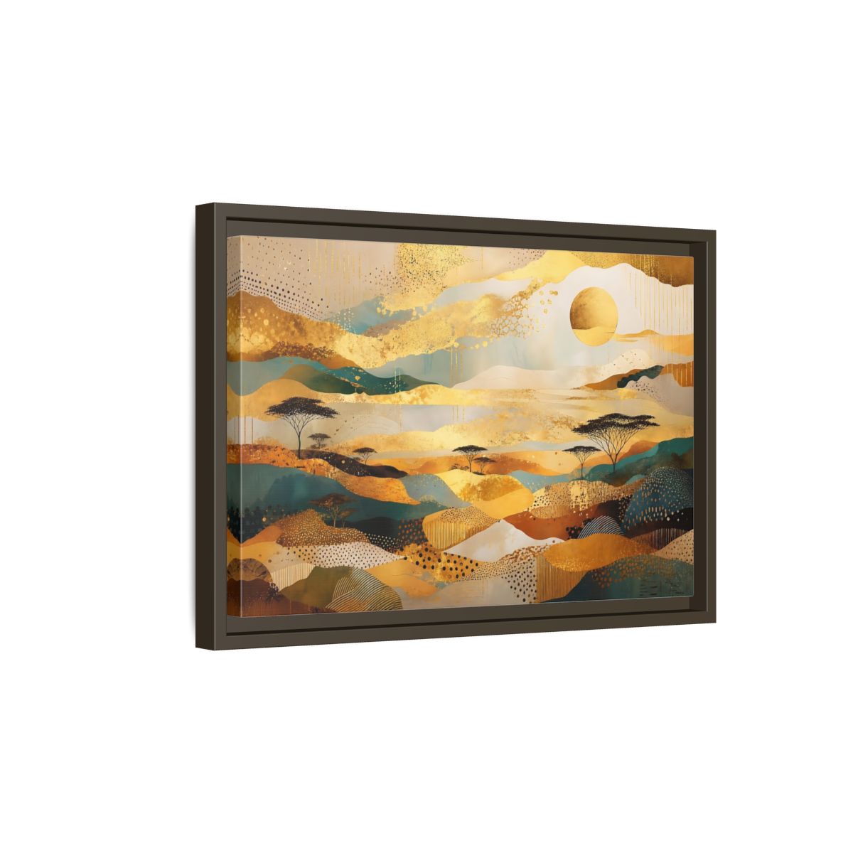 Side Mockup 5. Nature Savanna Landscape Gold And Teal shown as framed canvas print