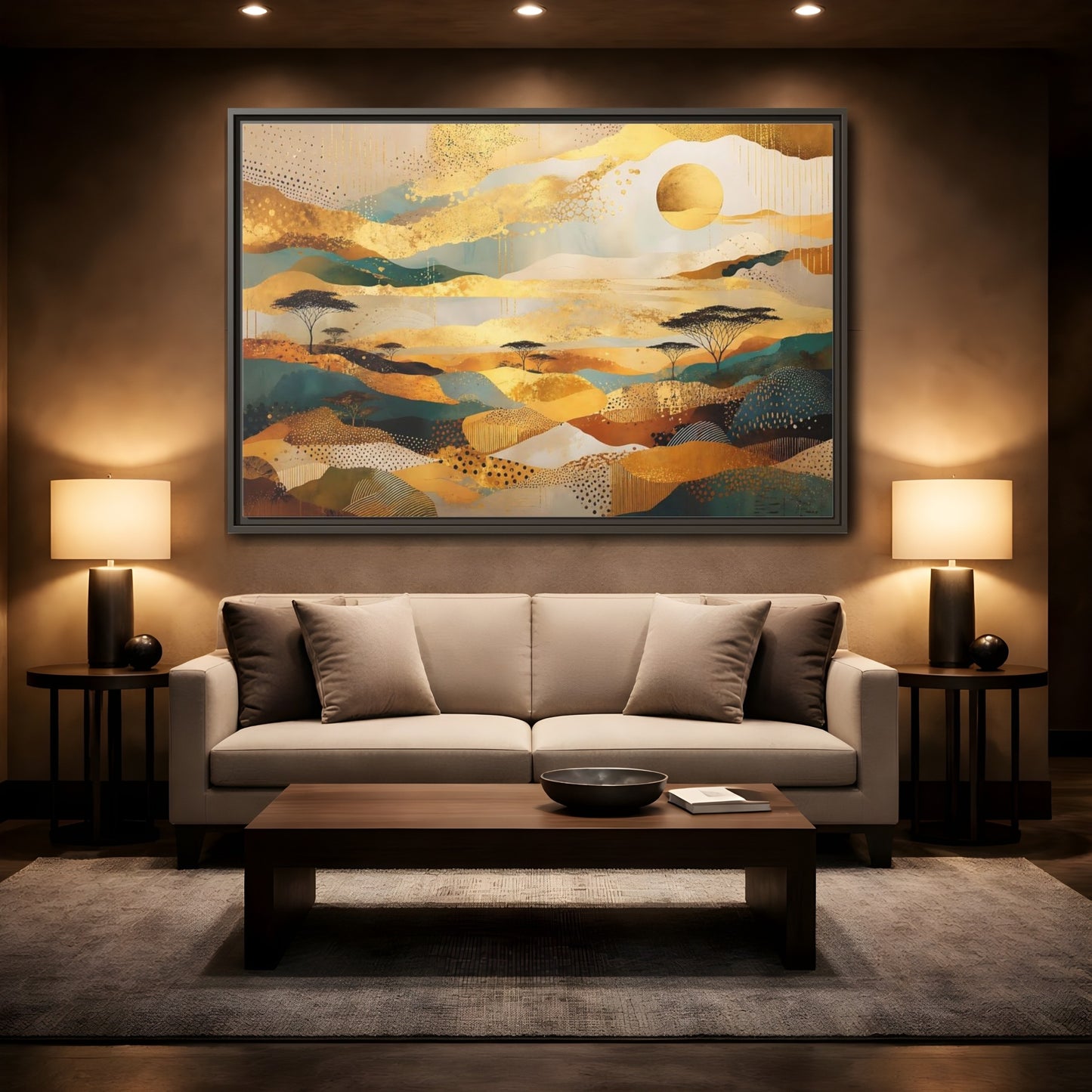Mockup 2. Nature Savanna Landscape Gold And Teal shown as framed canvas print