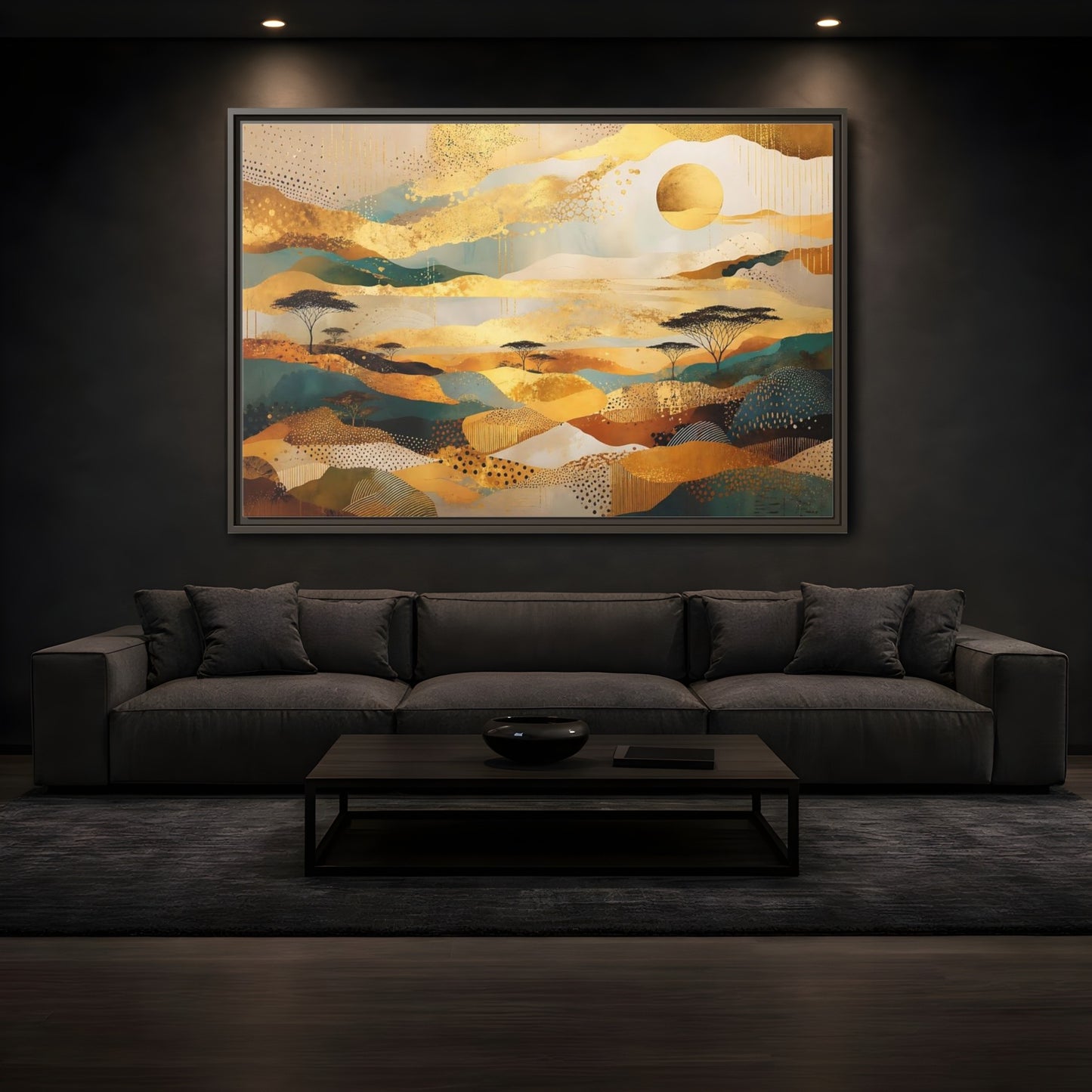 Mockup 3. Nature Savanna Landscape Gold And Teal shown as framed canvas print
