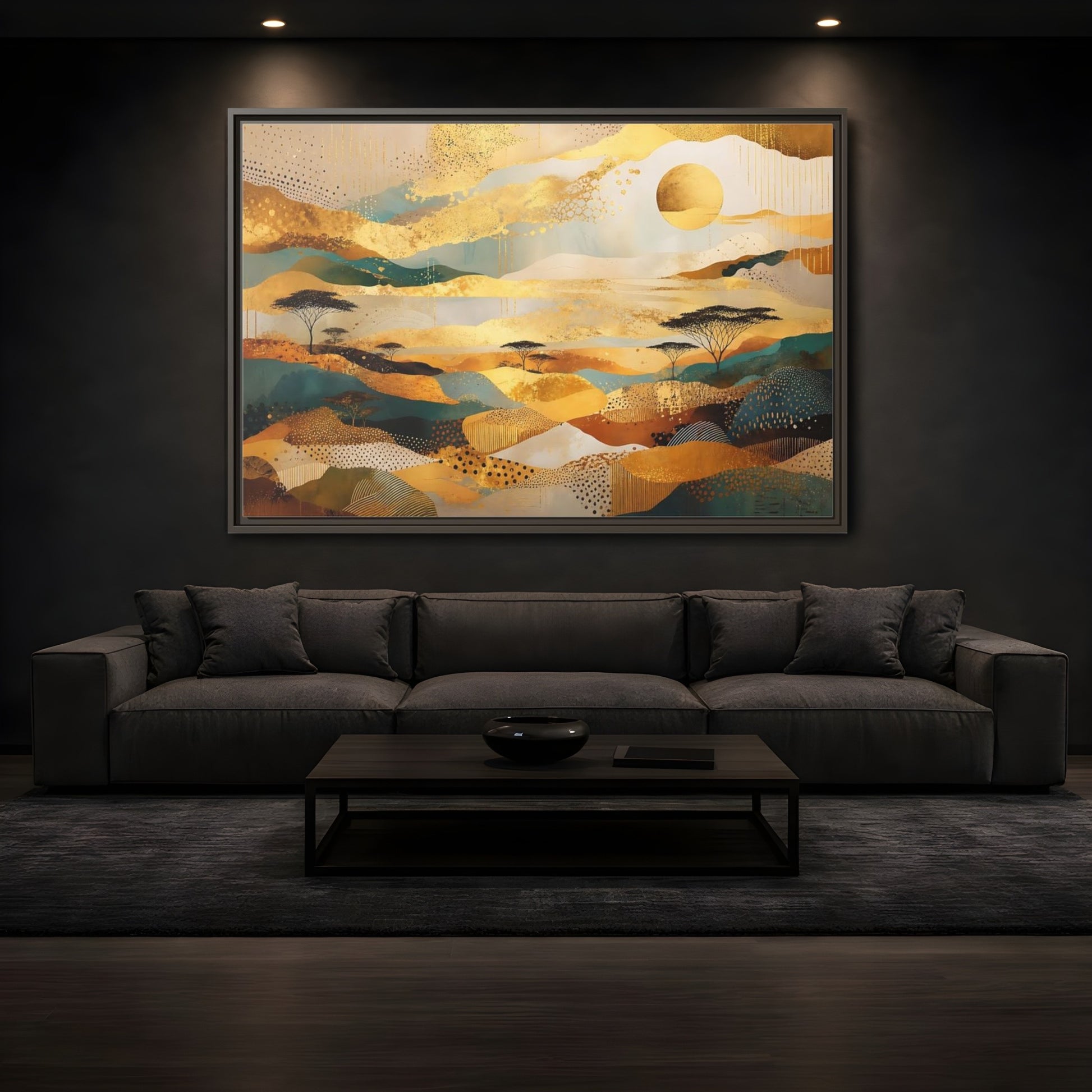 Mockup 3. Nature Savanna Landscape Gold And Teal shown as framed canvas print