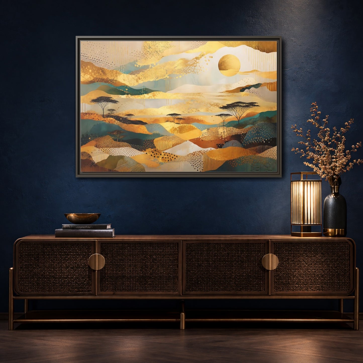 Mockup 4. Nature Savanna Landscape Gold And Teal shown as framed canvas print