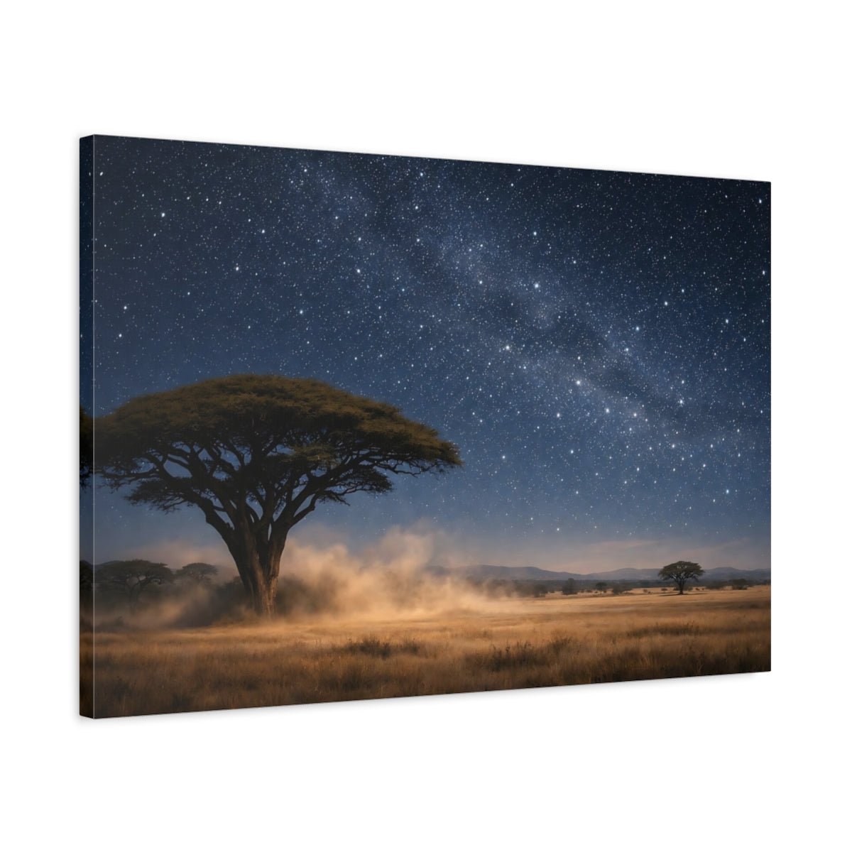 Side Mockup 2. Nature Savannah Tree Deep Blue Starry Night shown as stretched canvas wall art