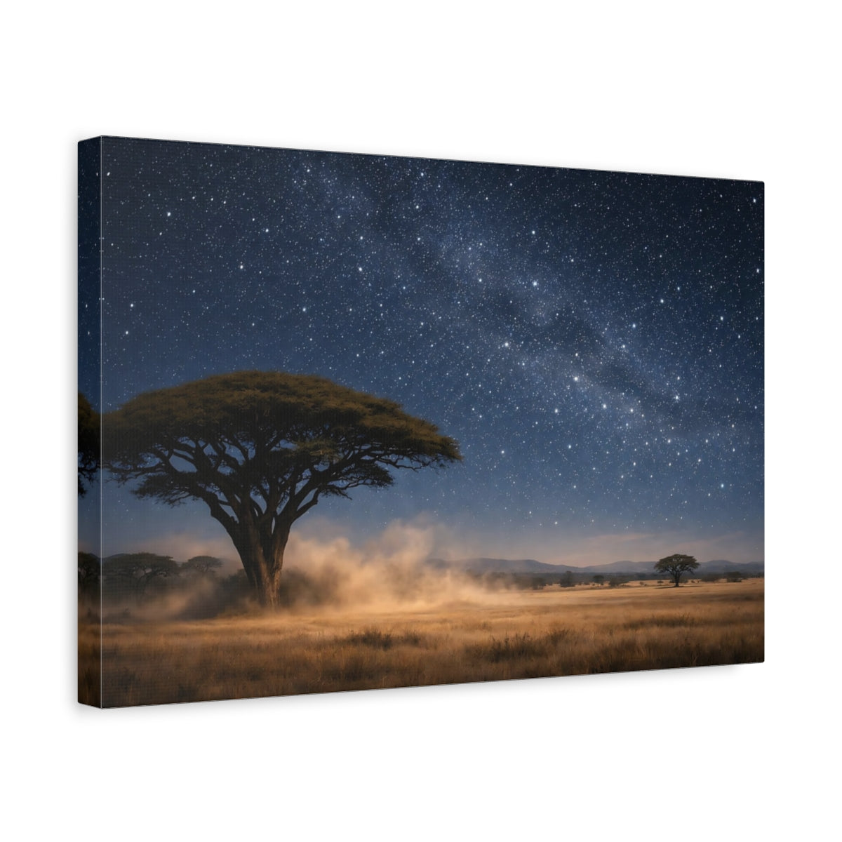 Side Mockup 4. Nature Savannah Tree Deep Blue Starry Night shown as stretched canvas wall art