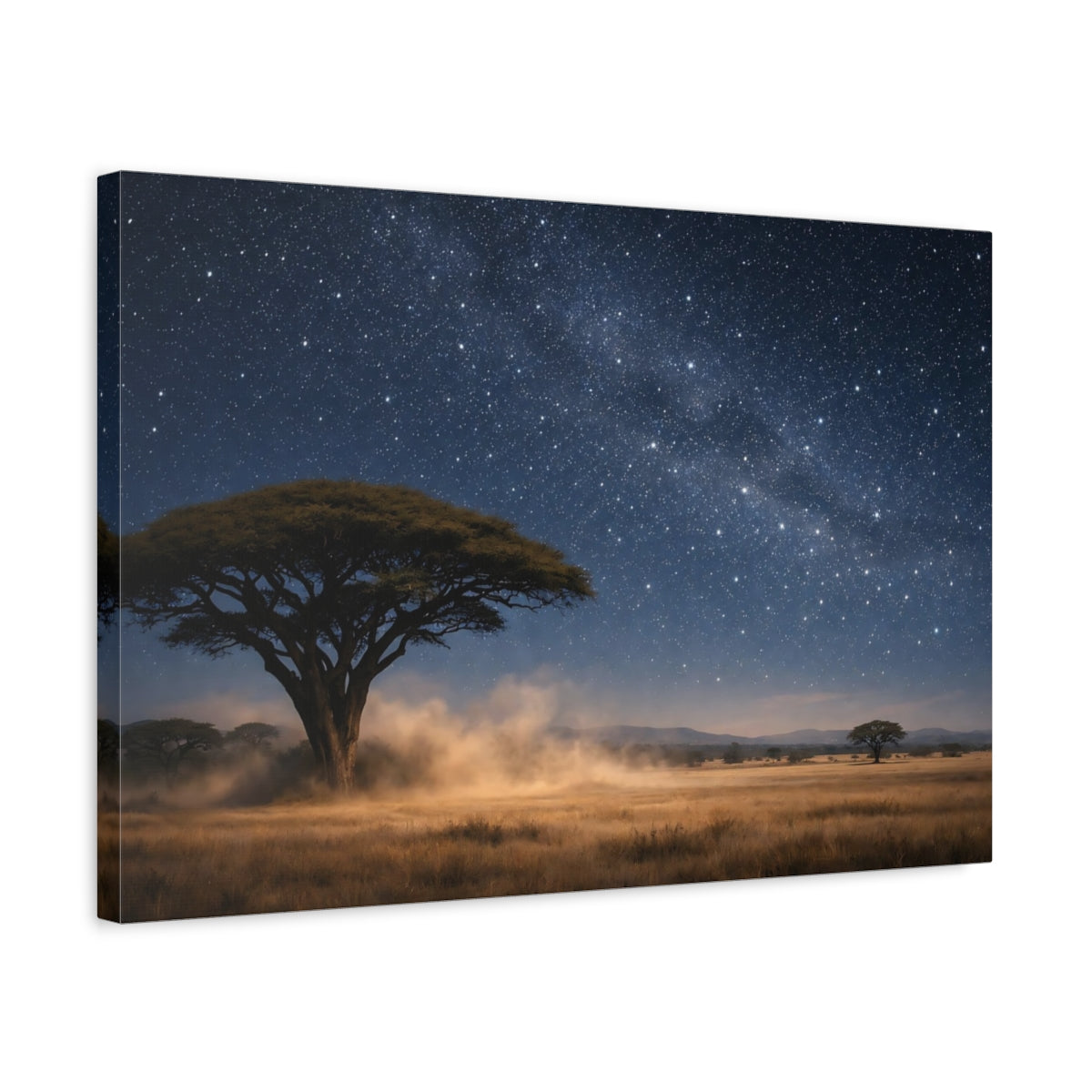 Side Mockup 3. Nature Savannah Tree Deep Blue Starry Night shown as stretched canvas wall art