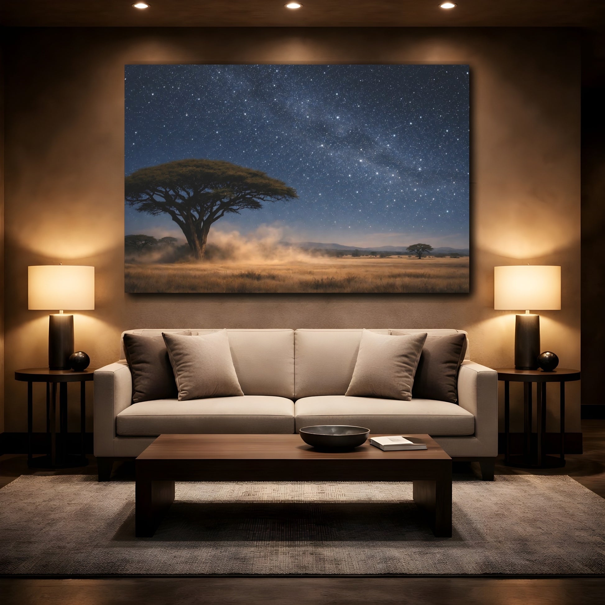 Mockup 2. Nature Savannah Tree Deep Blue Starry Night shown as stretched canvas wall art
