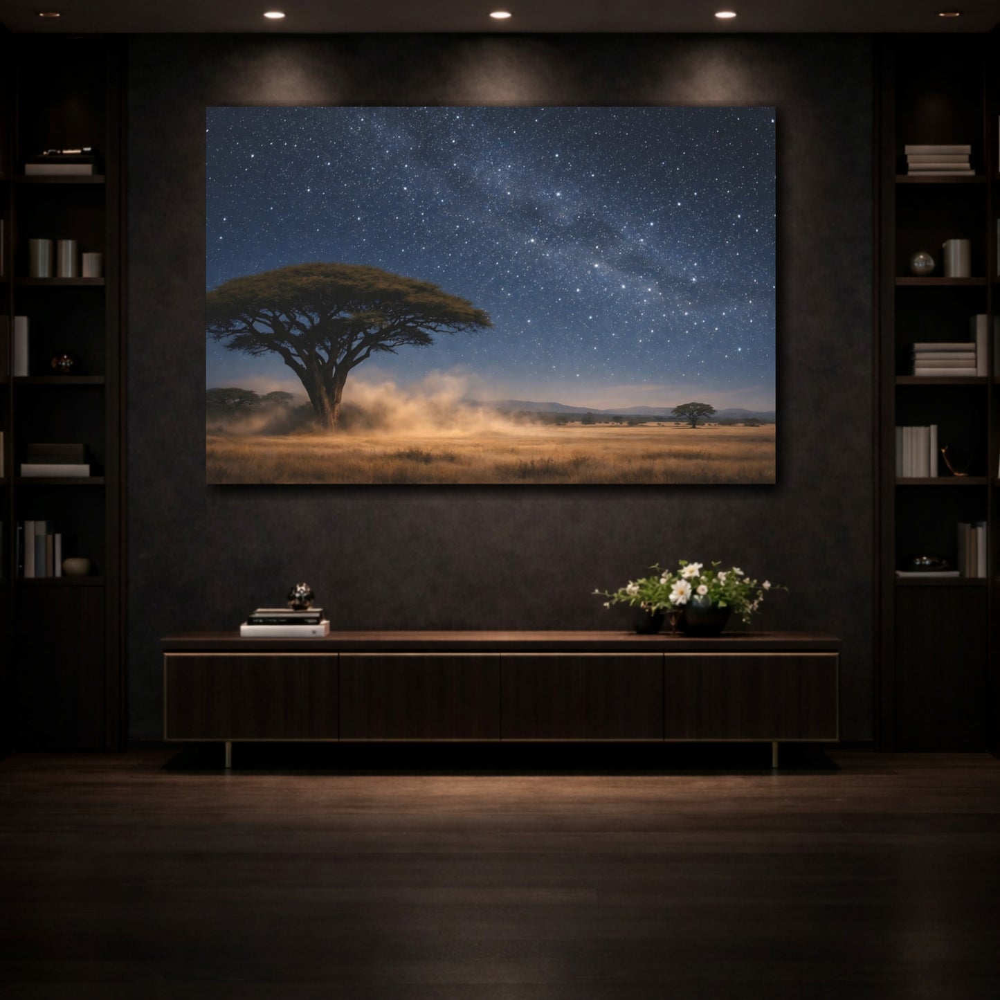 Mockup 3. Nature Savannah Tree Deep Blue Starry Night shown as stretched canvas wall art